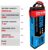 UK-PACK 2x Lipo Batterie 2S 7.4V 5200mAh 50C Blue cordon DEAN DXF-POWER