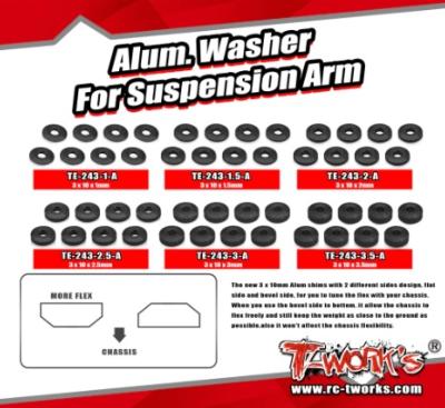UK-Alum. Washer For Suspension Arm 3 x 10 x 1/1.5/2/2.5/3/3.5mm ( 8 pcs.) T-WORK'S